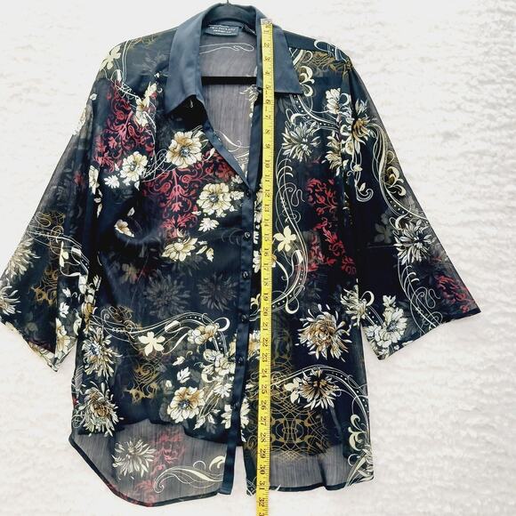 Blouse Kimono NY Design Button-Up Sheer Floral Resort Office Siren Cruise Size L - Picture 7 of 13